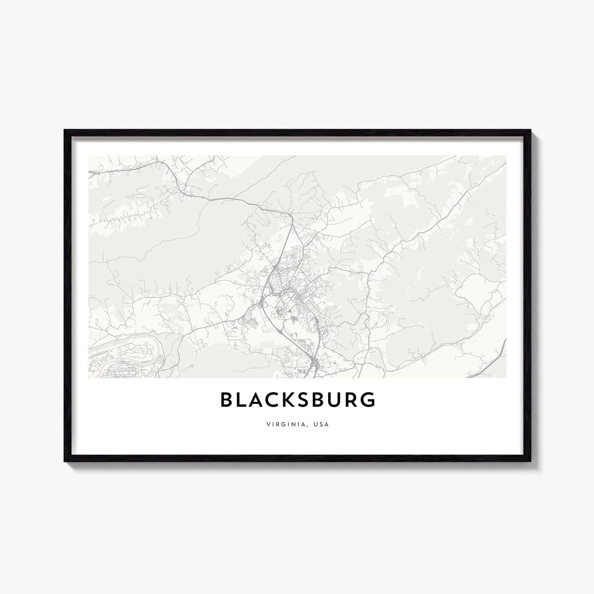 Blacksburg black & white map poster of Virginia, USA – horizontal wall art, unframed print shown in interior mockup