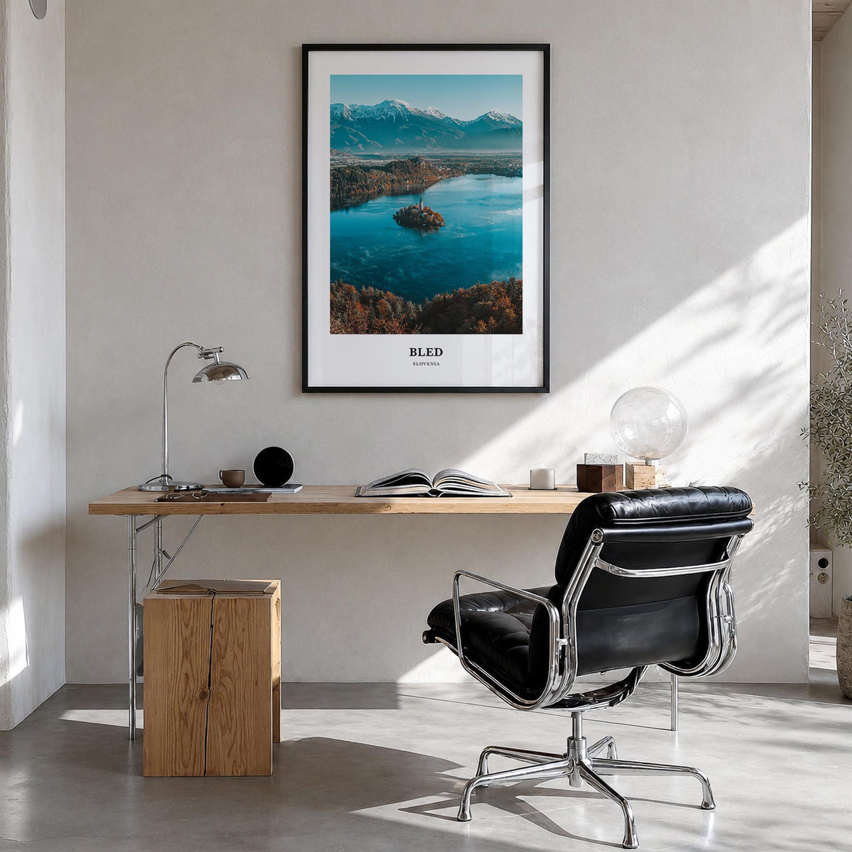 Bled colorful classic poster of Slovenia – vertical wall art in black wood frame, hanging on wall