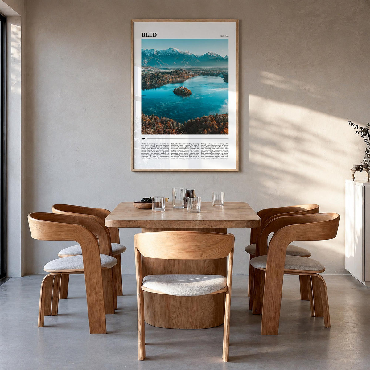 Bled colorful travel poster of Slovenia – vertical wall art in natural wood frame, hanging on wall