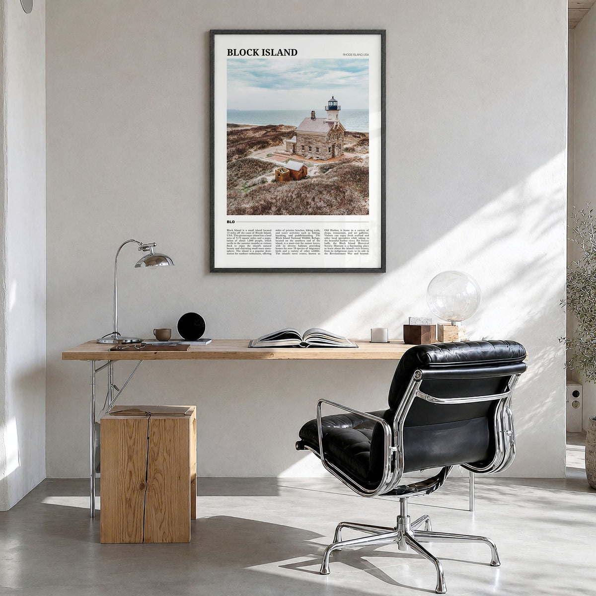 Block Island Travel Poster in a black wood frame, hanging in a bright home office