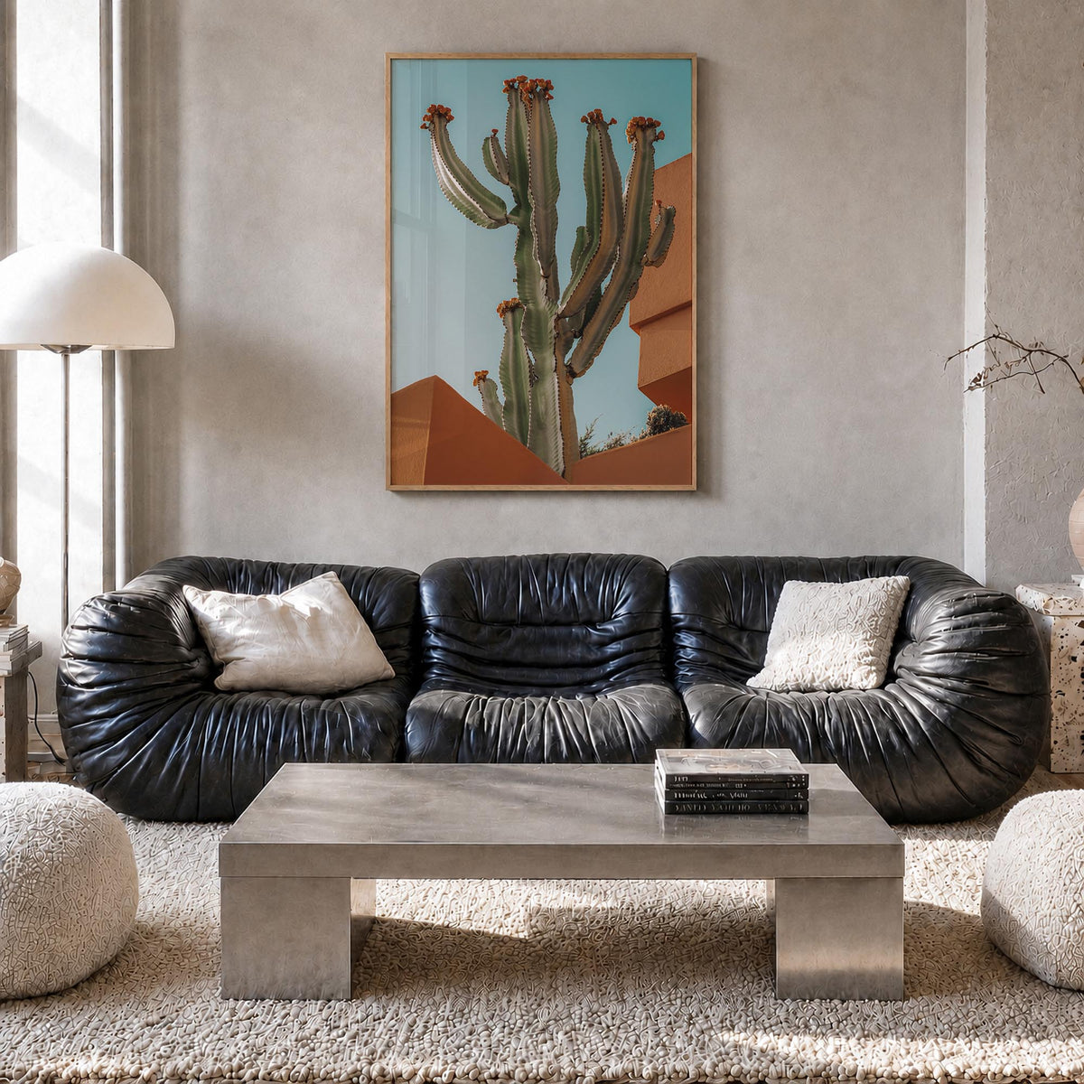 Blooming Cactus Sandy Walls colorful photo poster – vertical wall art in natural wood frame, hanging on wall