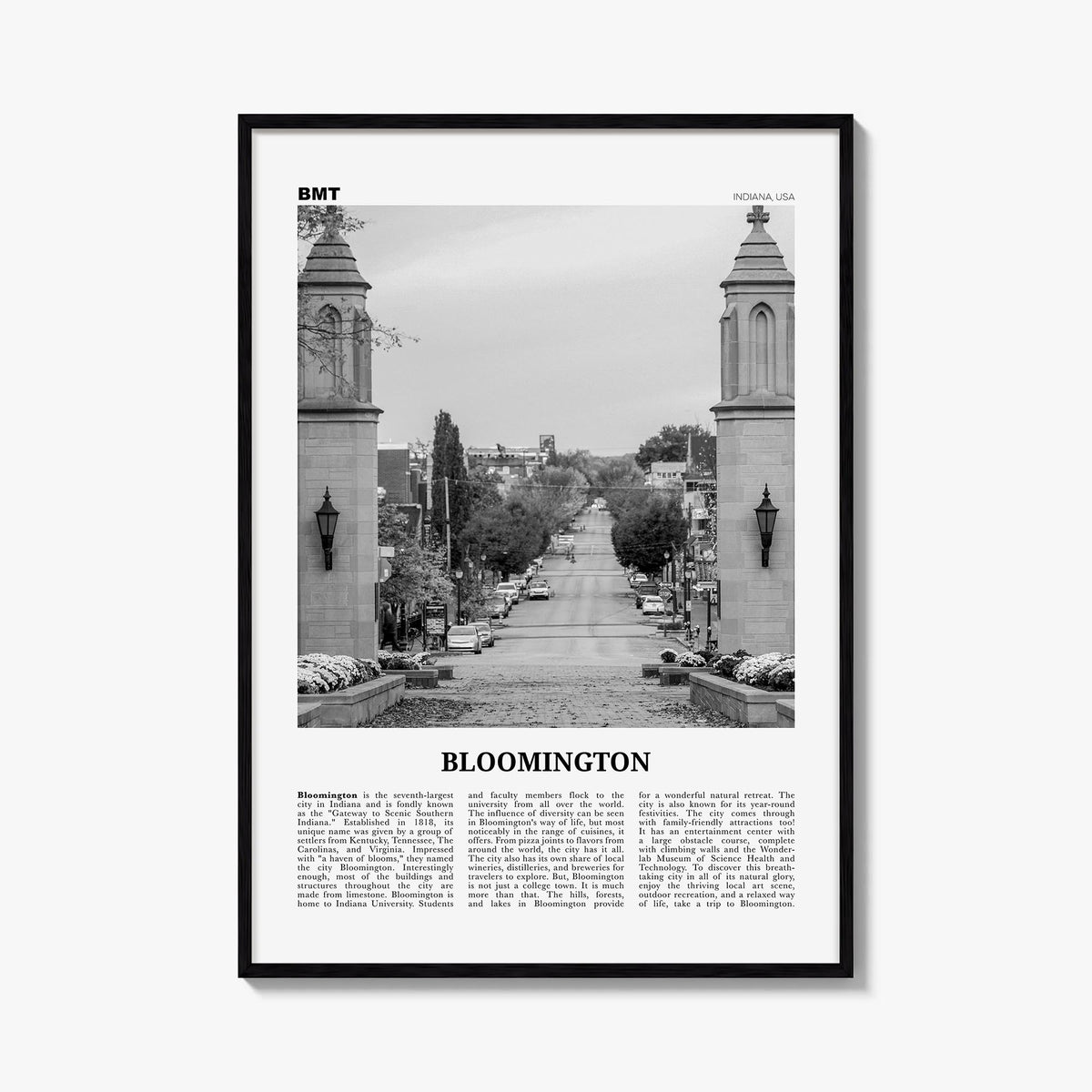 Bloomington black & white newspaper poster of Indiana, USA – vertical wall art, unframed print shown in interior mockup