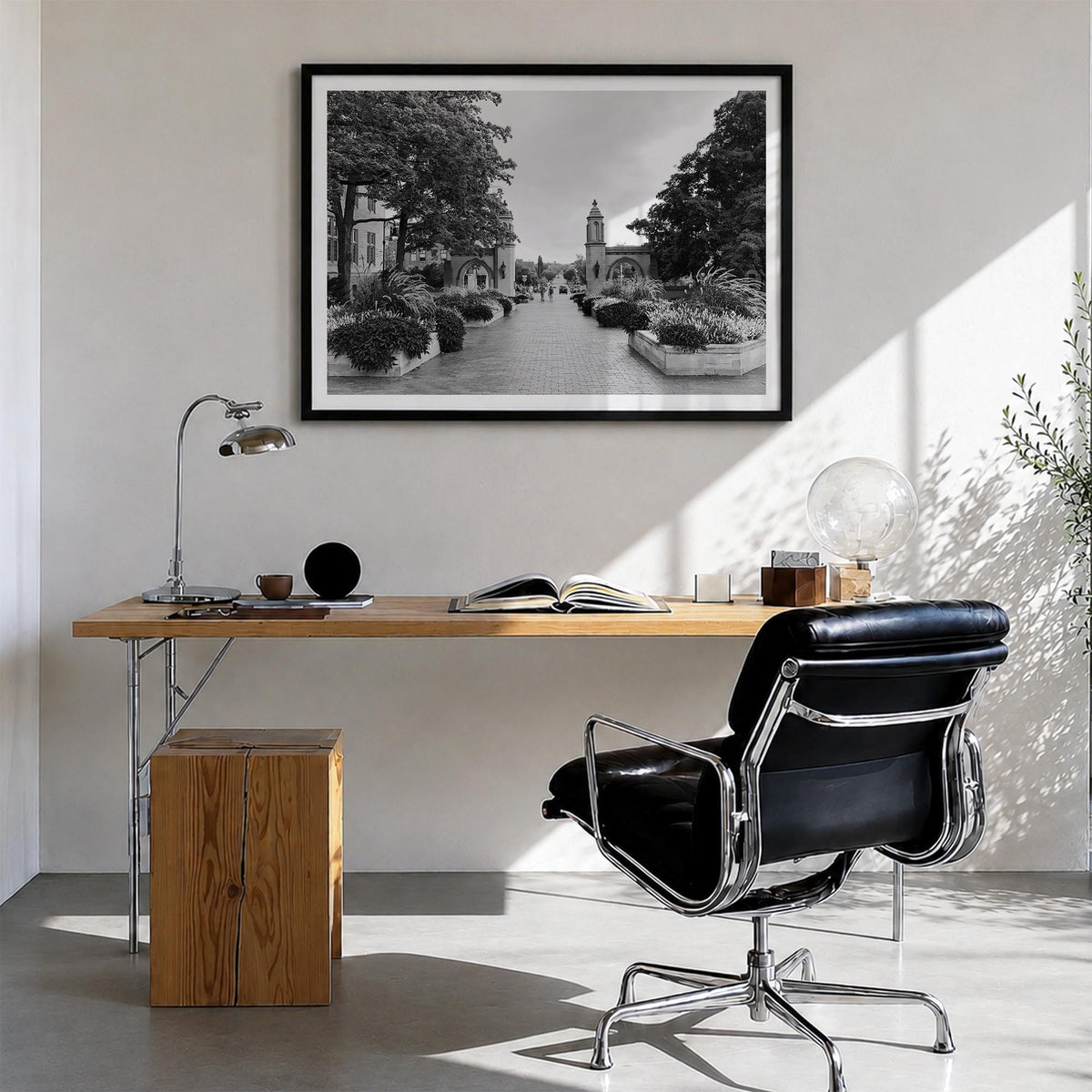 Bloomington black & white photo poster of Indiana, USA – horizontal wall art in black wood frame with white border, hanging o