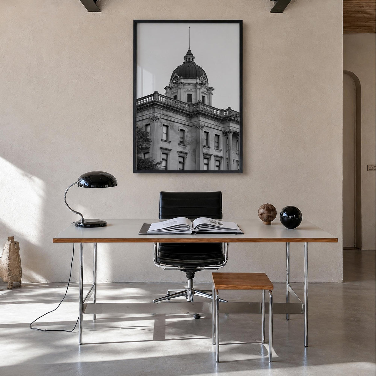 Bloomington black & white photo poster of Indiana, USA – vertical wall art in black wood frame, hanging on wall