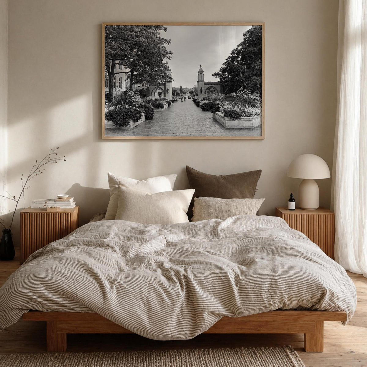 Bloomington black & white photo poster of Indiana, USA – horizontal wall art in natural wood frame, hanging on wall