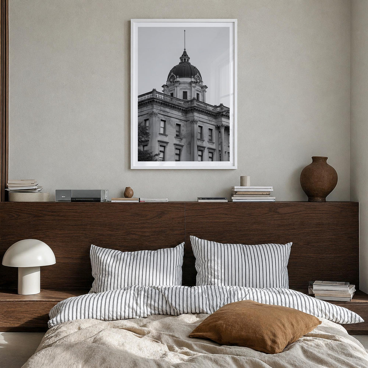 Bloomington black & white photo poster of Indiana, USA – vertical wall art in white wood frame with white border, hanging on