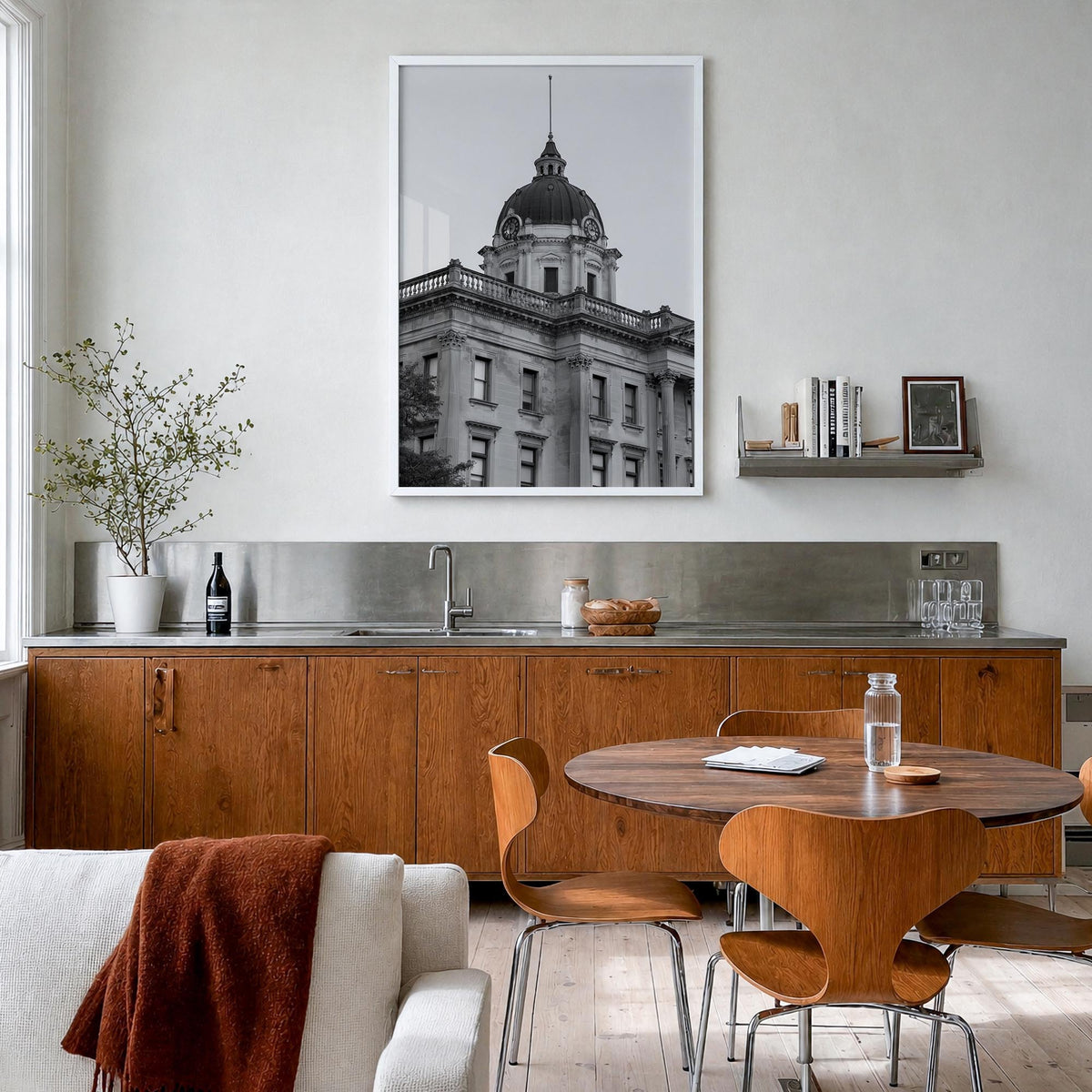 Bloomington black & white photo poster of Indiana, USA – vertical wall art in white wood frame, hanging on wall