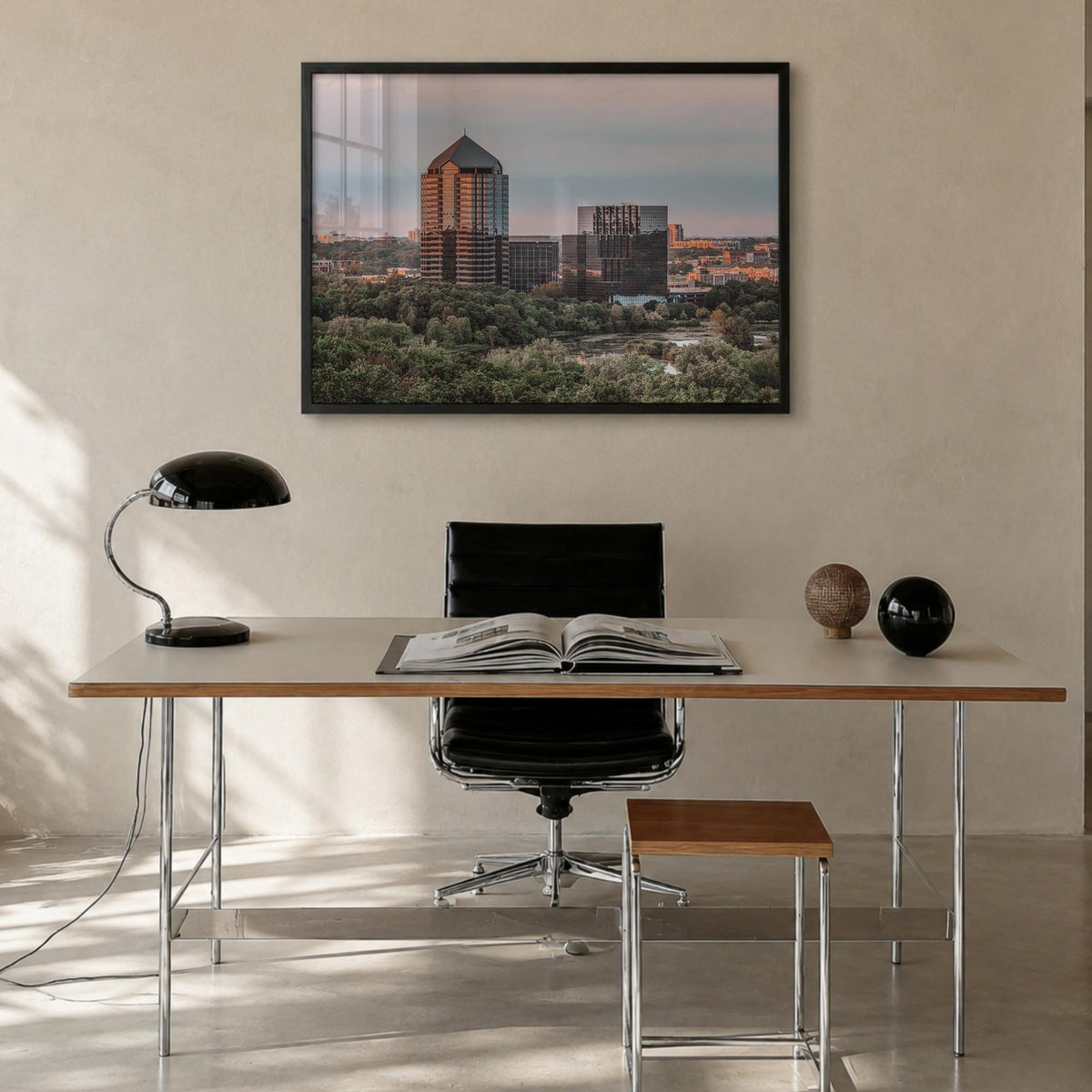 Bloomington colorful photo poster of Indiana, USA – horizontal wall art in black wood frame, hanging on wall