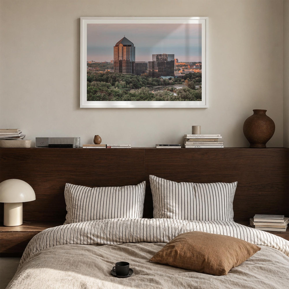Bloomington colorful photo poster of Indiana, USA – horizontal wall art in white wood frame with white border, hanging on wal