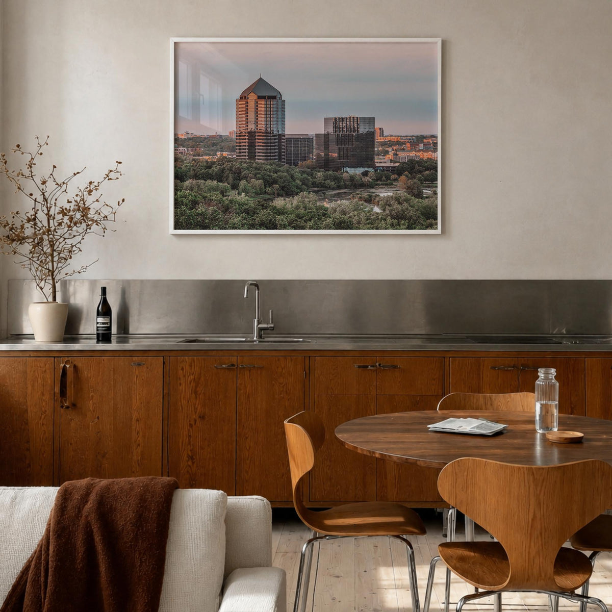 Bloomington colorful photo poster of Indiana, USA – horizontal wall art in white wood frame, hanging on wall