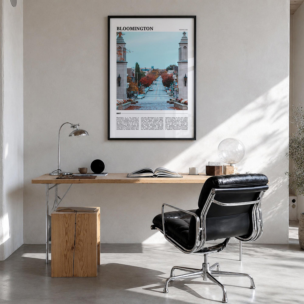 Bloomington colorful travel poster of Indiana, USA – vertical wall art in black wood frame, hanging on wall