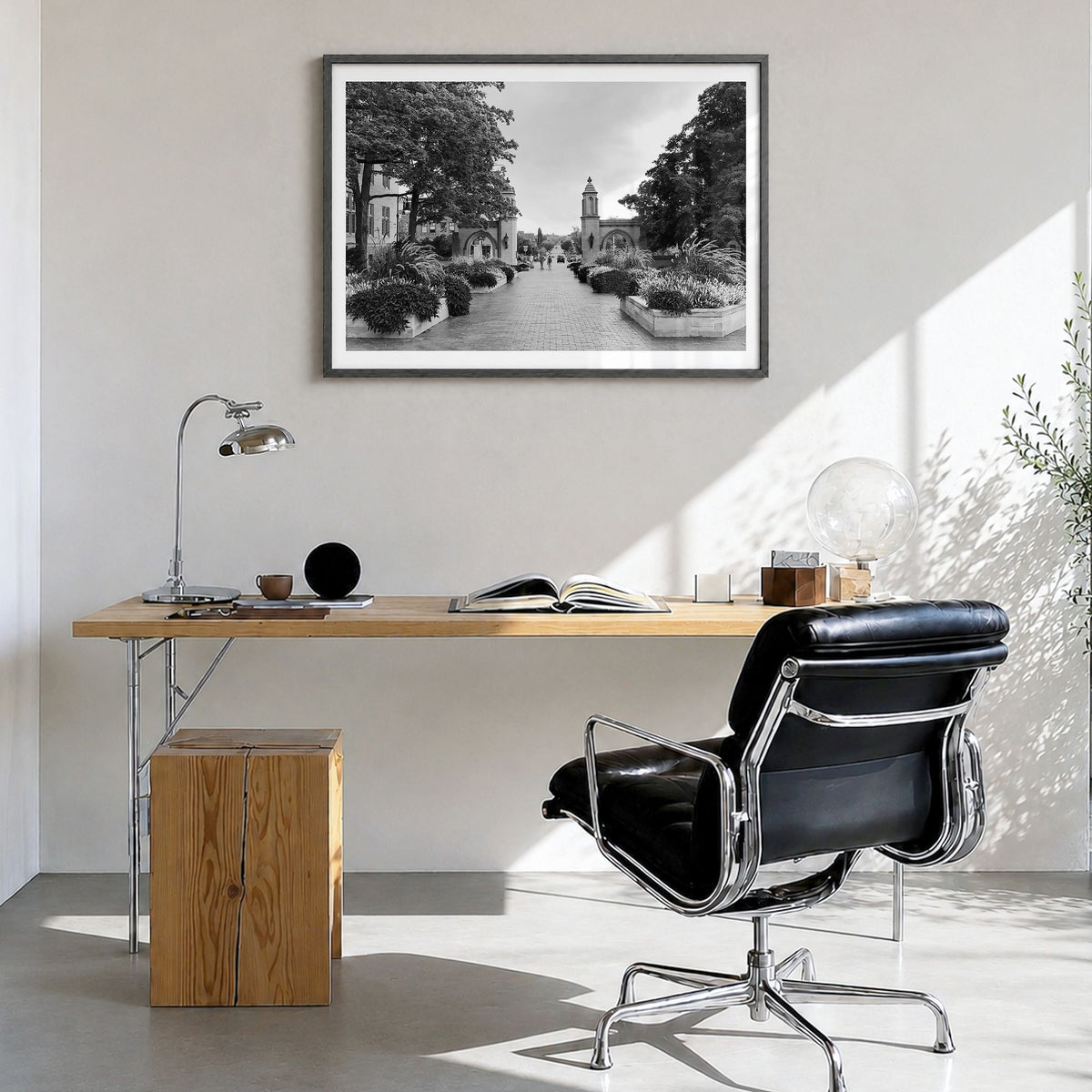 Bloomington Photo Poster in a black wood frame, hanging in a bright home office, white border
