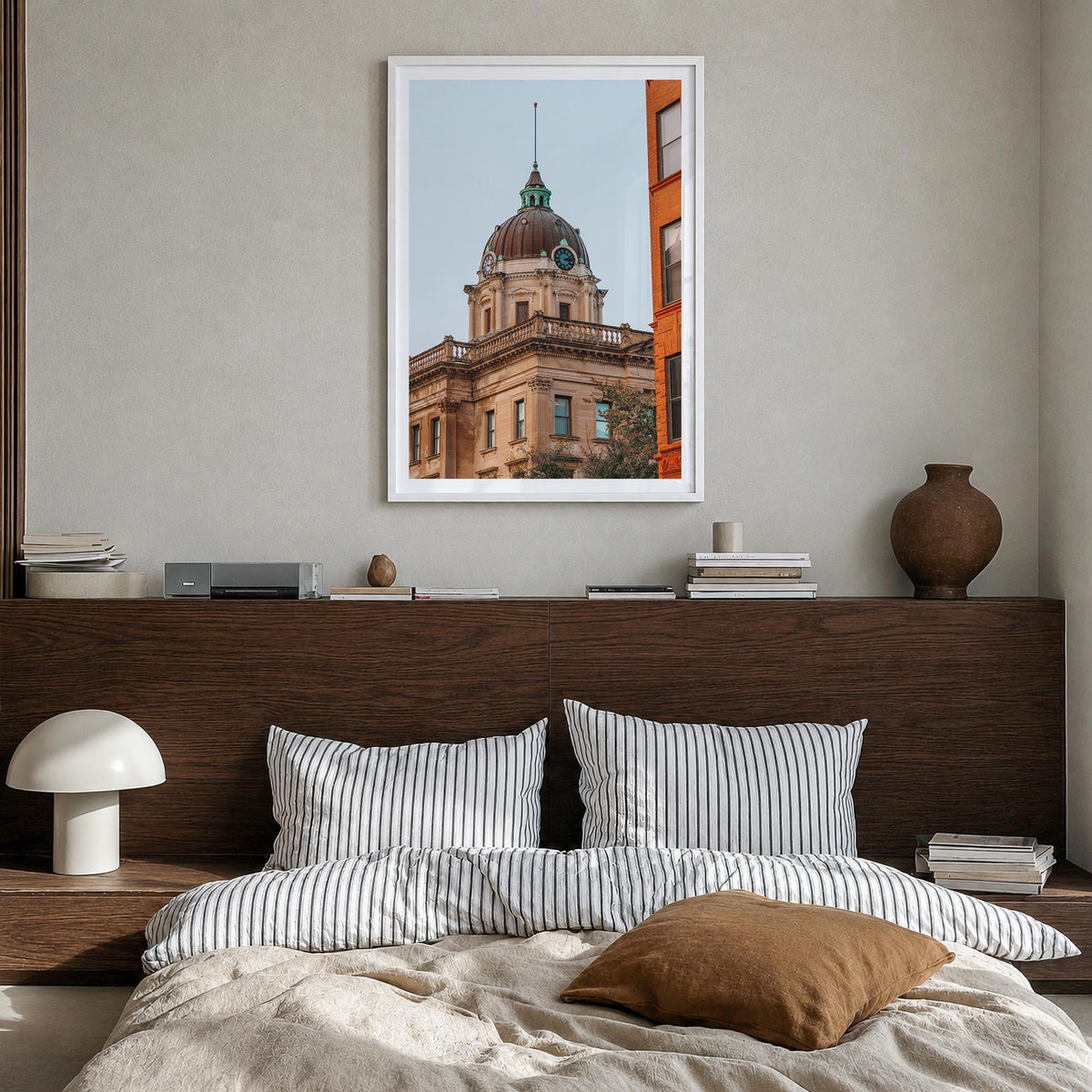 Bloomington no. 1 colorful photo poster of Indiana, USA – vertical wall art in white wood frame with white border, hanging on