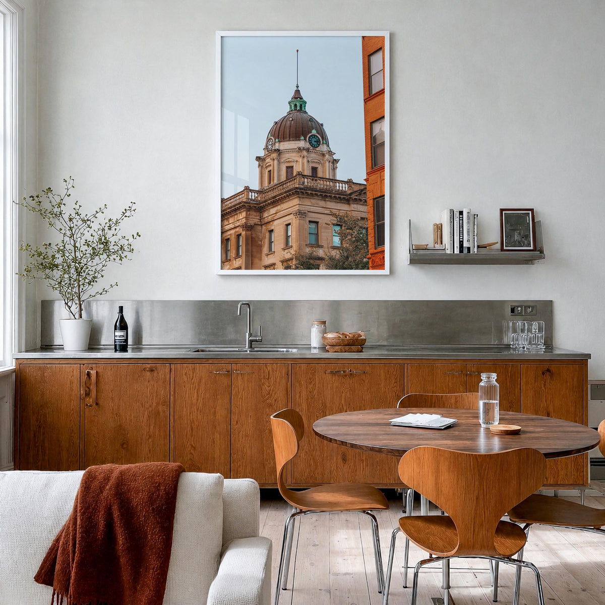 Bloomington no. 1 colorful photo poster of Indiana, USA – vertical wall art in white wood frame, hanging on wall