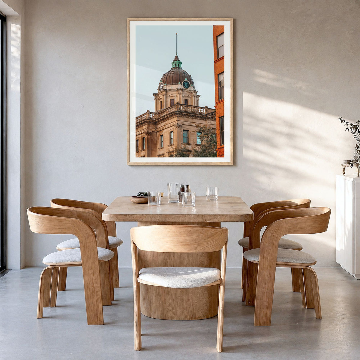 Bloomington Photo No 1 Poster in a natural wood frame, hanging in a dining room, white border