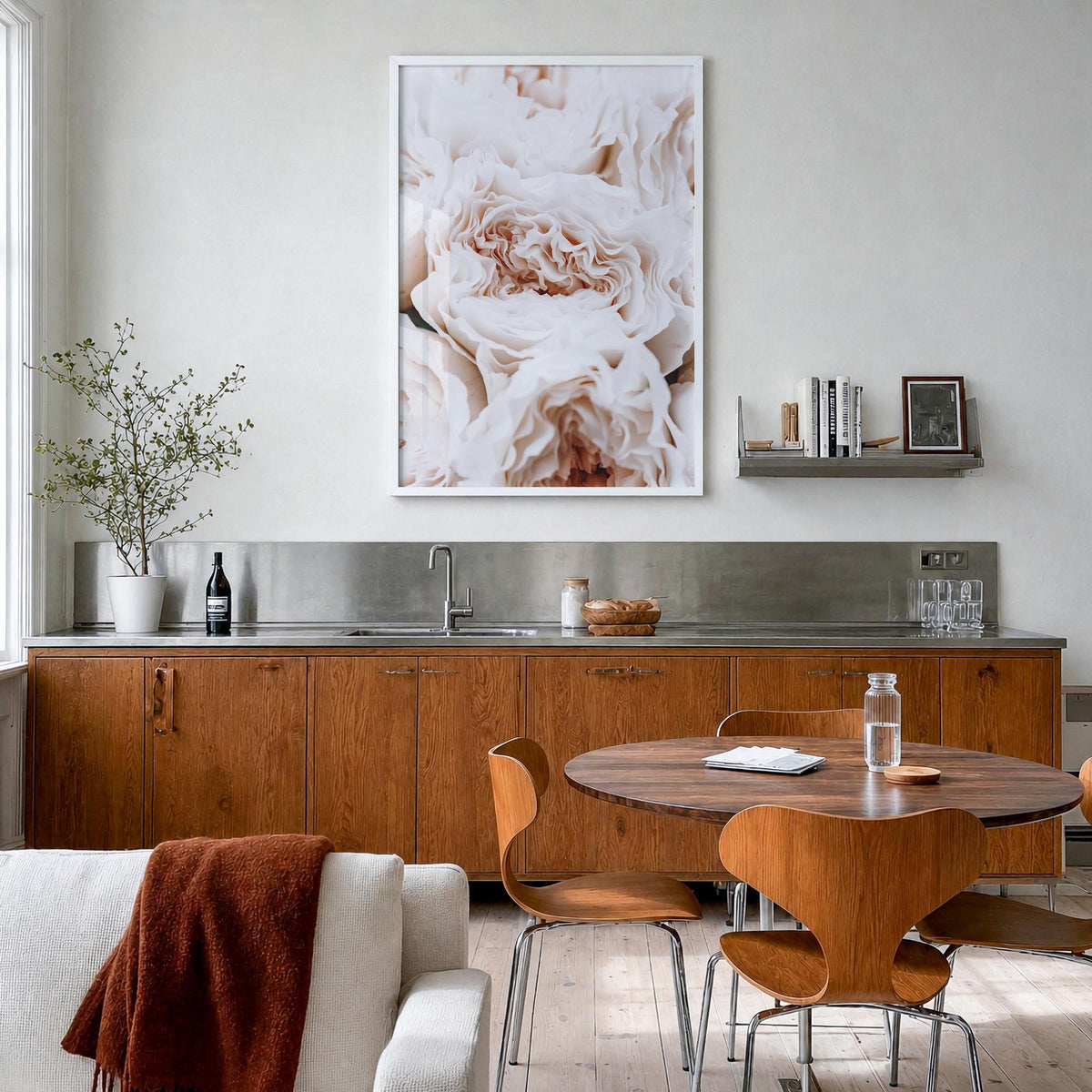 Blossoming Roses colorful photo poster – vertical wall art in white wood frame, hanging on wall