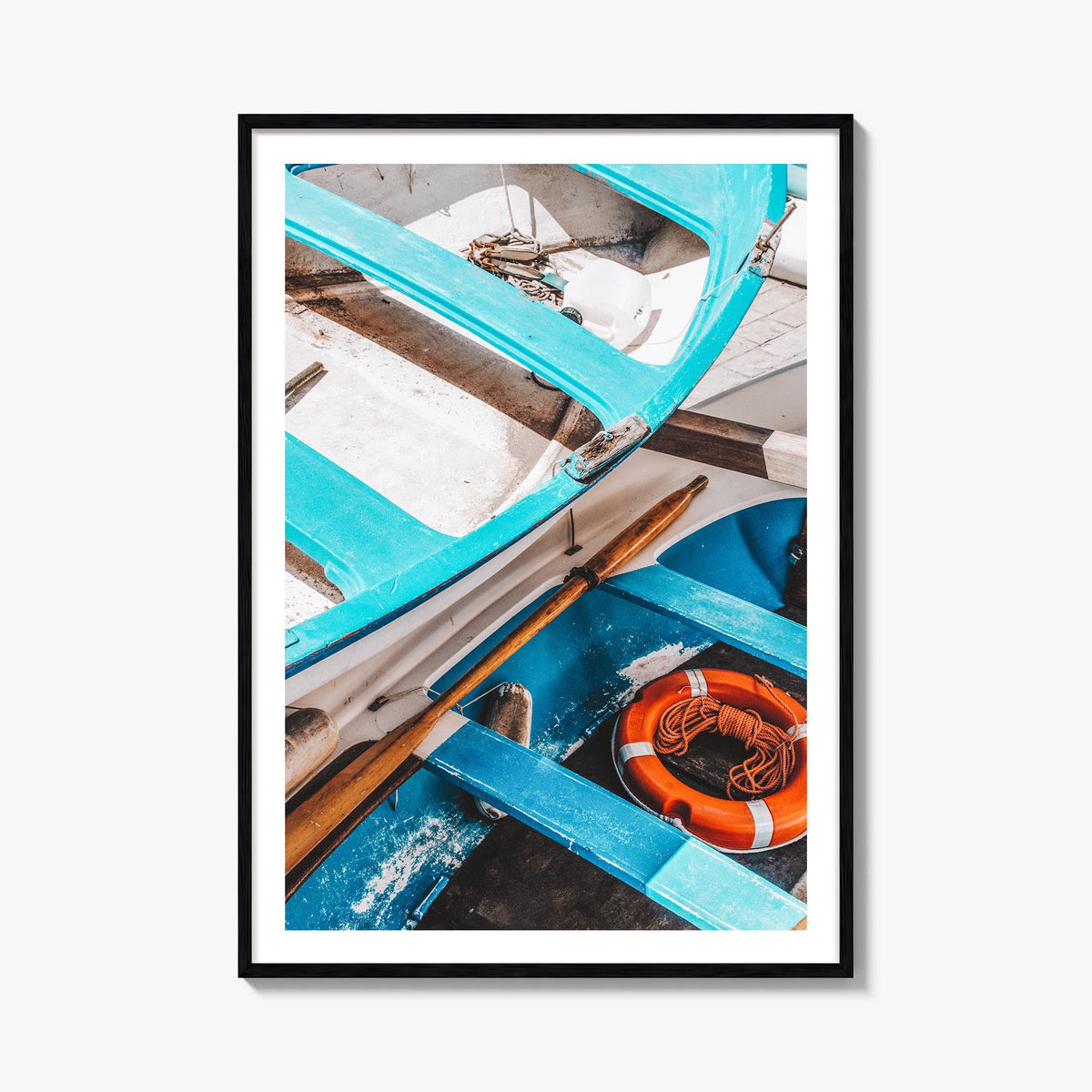 Blue Boats colorful photo poster – vertical wall art, unframed print shown in interior mockup
