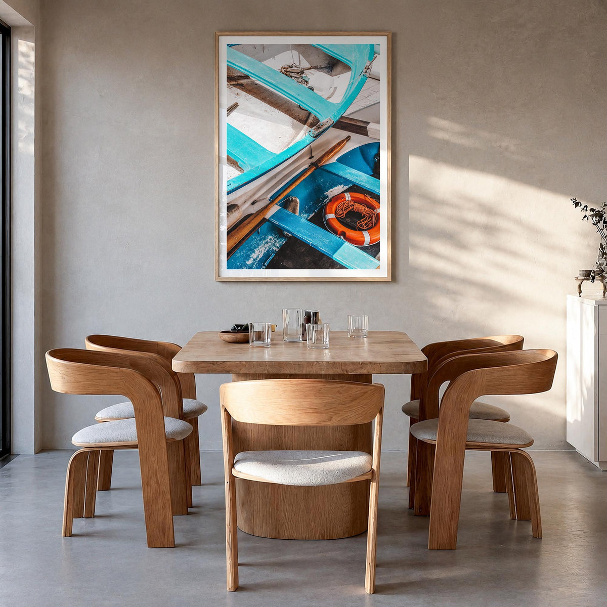 Blue Boats colorful photo poster – vertical wall art in natural wood frame with white border, hanging on wall