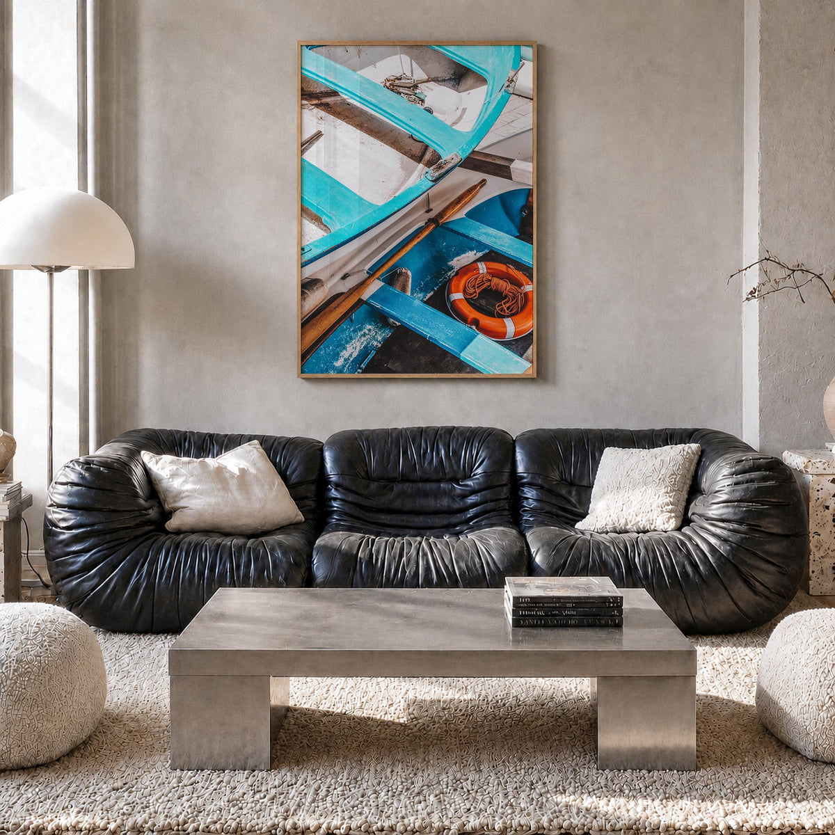 Blue Boats colorful photo poster – vertical wall art in natural wood frame, hanging on wall