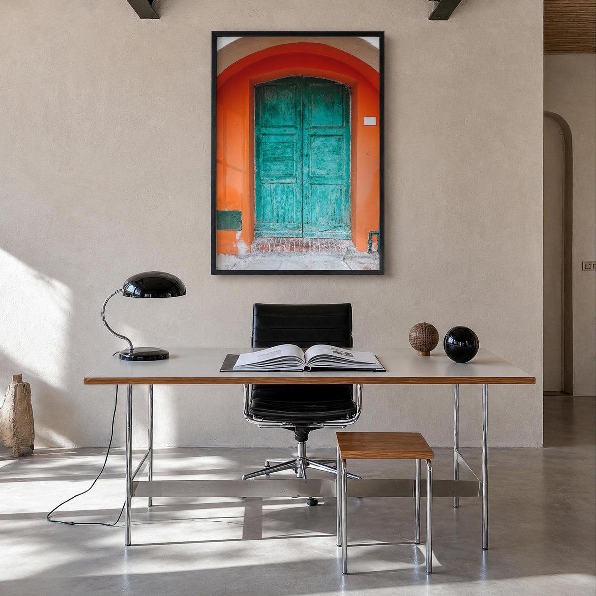 Blue Door no. 1 colorful photo poster – vertical wall art in black wood frame, hanging on wall