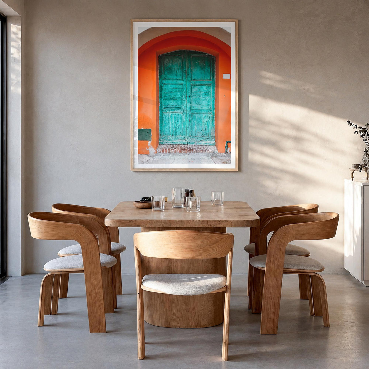Blue Door no. 1 colorful photo poster – vertical wall art in natural wood frame with white border, hanging on wall
