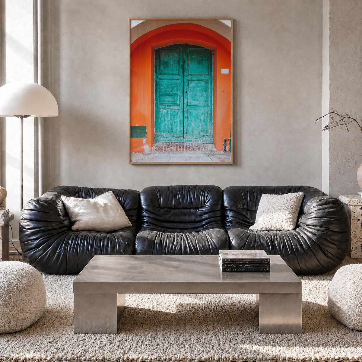 Blue Door no. 1 colorful photo poster – vertical wall art in natural wood frame, hanging on wall