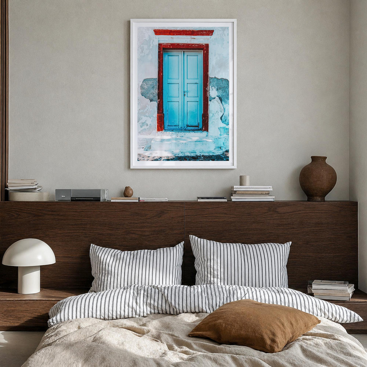 Blue Door no. 2 colorful photo poster – vertical wall art in white wood frame with white border, hanging on wall