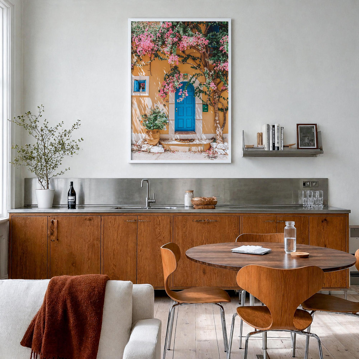 Blue Door no. 3 colorful photo poster – vertical wall art in white wood frame, hanging on wall