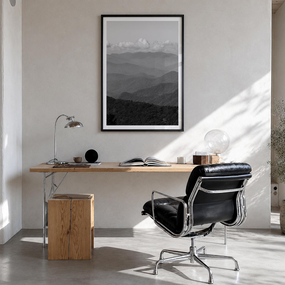 Blue Ridge Mountains black & white photo poster of United States – vertical wall art in black wood frame with white border, h