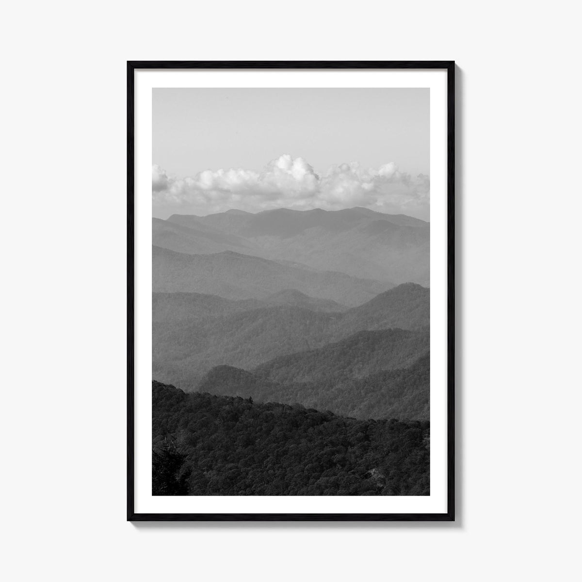Blue Ridge Mountains black & white photo poster of United States – vertical wall art, unframed print shown in interior mockup
