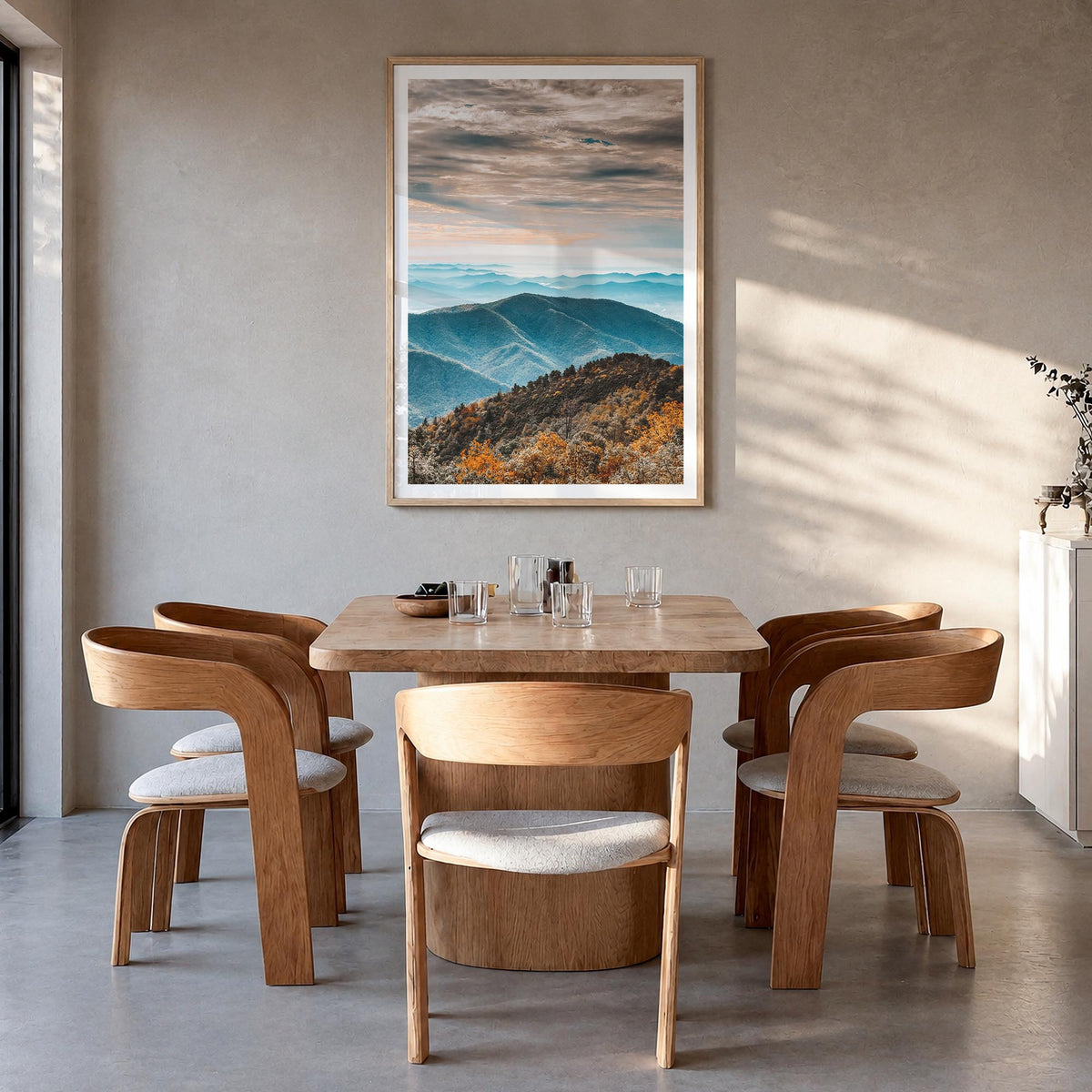 Blue Ridge Mountains colorful photo poster of United States – vertical wall art in natural wood frame with white border, hang