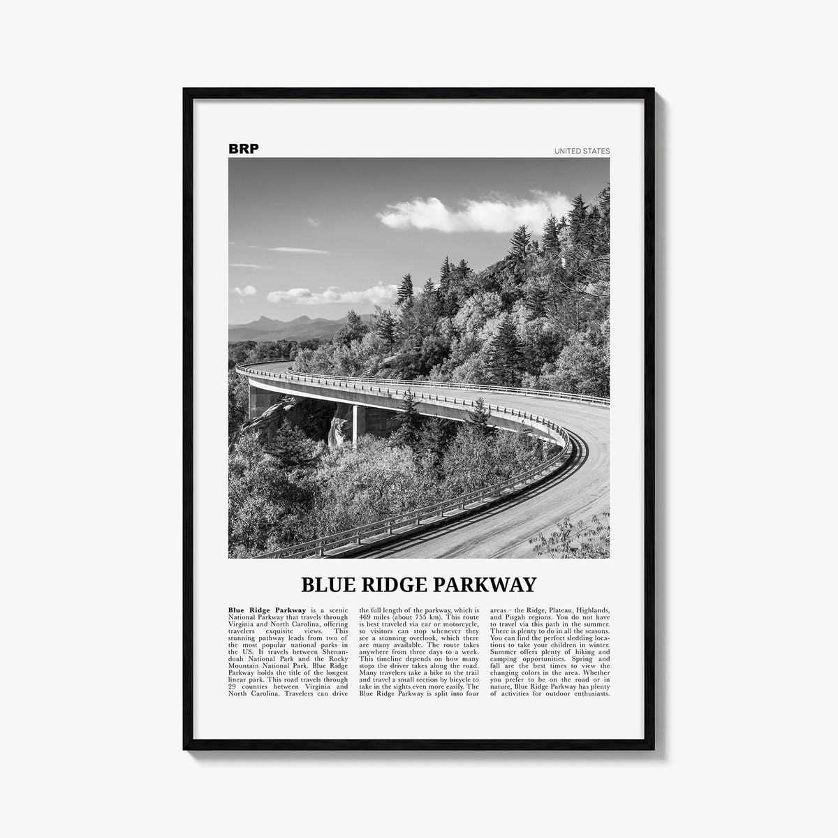 Blue Ridge Parkway black & white newspaper poster of Virginia & North Carolina, USA – vertical wall art, unframed print shown