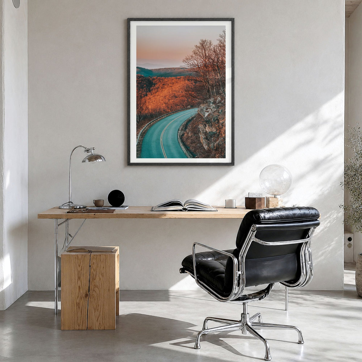 Blue Ridge Parkway Photo No 1 Poster in a black wood frame, hanging in a bright home office, white border