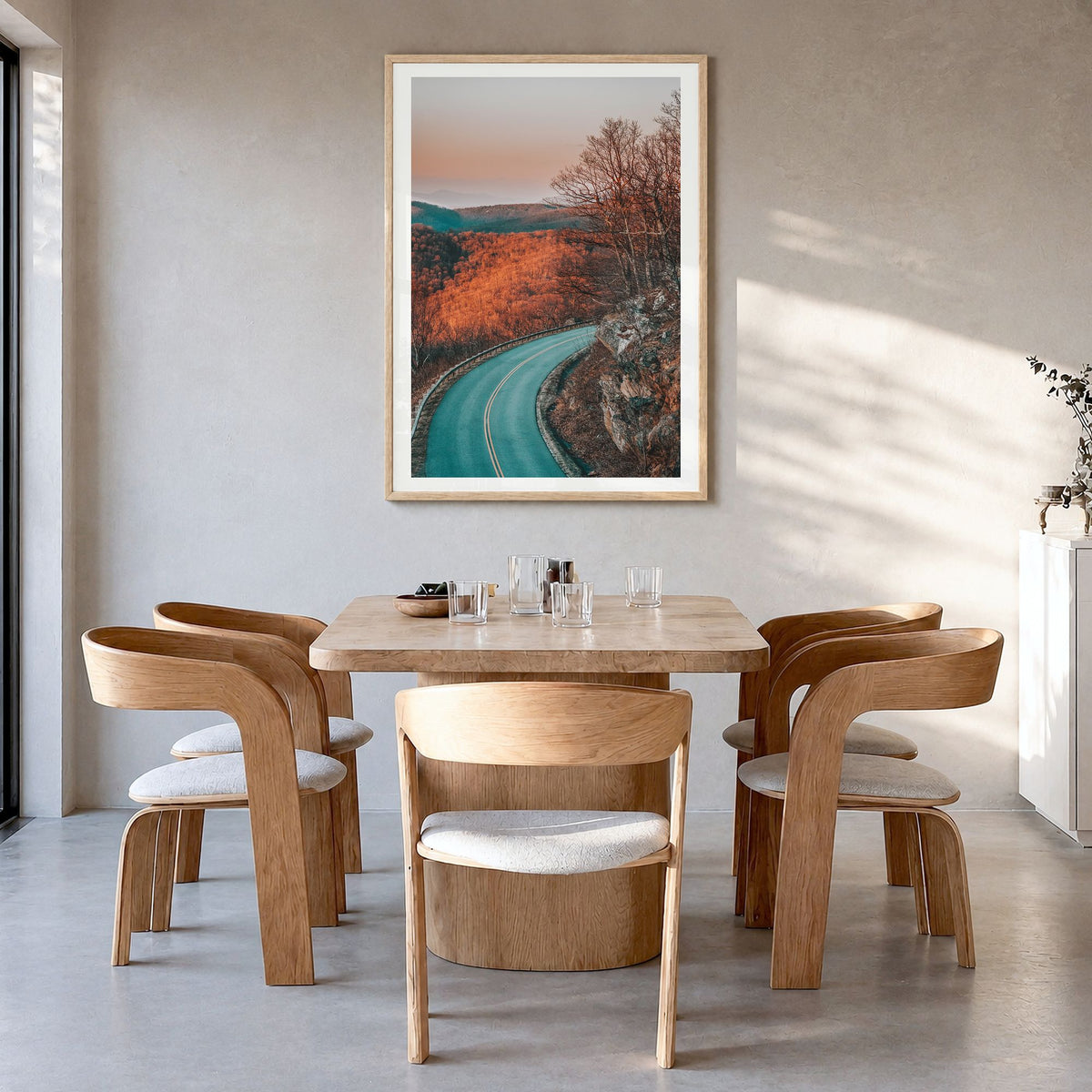 Blue Ridge Parkway Photo No 1 Poster in a natural wood frame, hanging in a dining room, white border