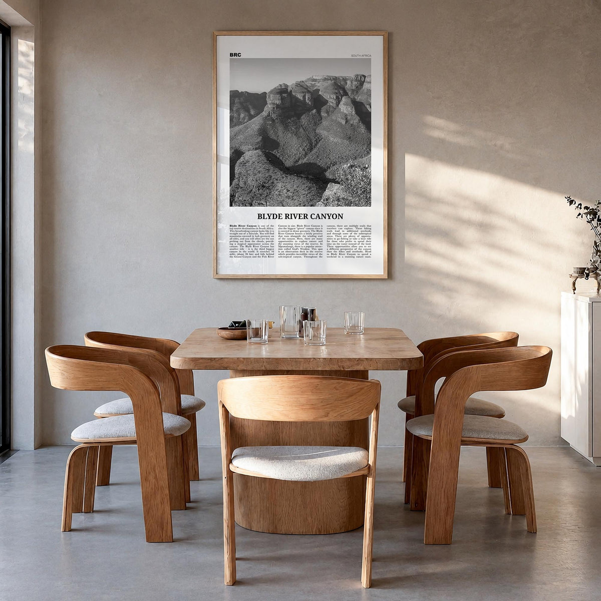 Blyde River Canyon black & white newspaper poster of South Africa – vertical wall art in natural wood frame, hanging on wall