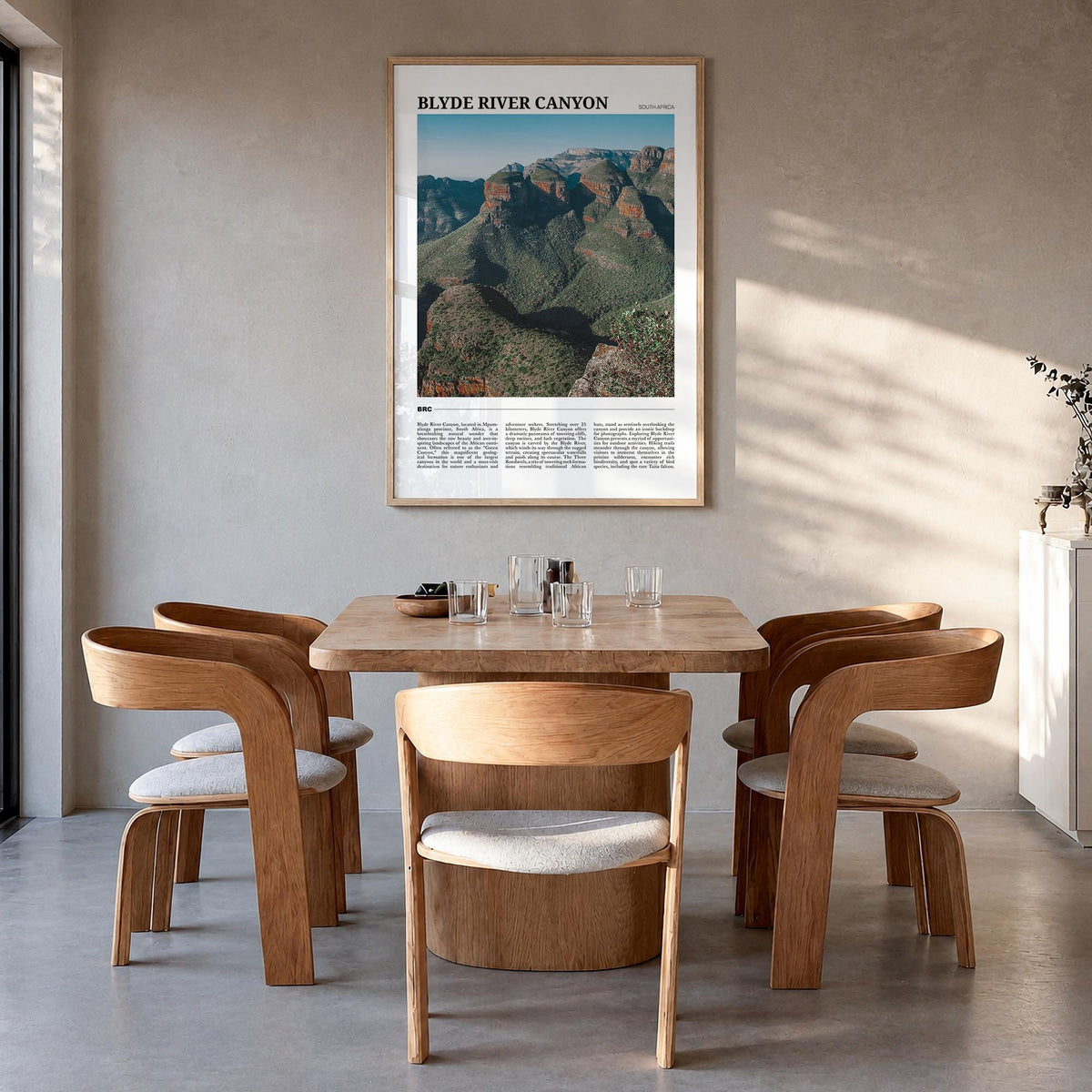 Blyde River Canyon colorful travel poster of South Africa – vertical wall art in natural wood frame, hanging on wall