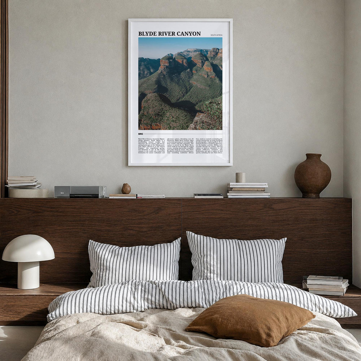 Blyde River Canyon colorful travel poster of South Africa – vertical wall art in white wood frame, hanging on wall