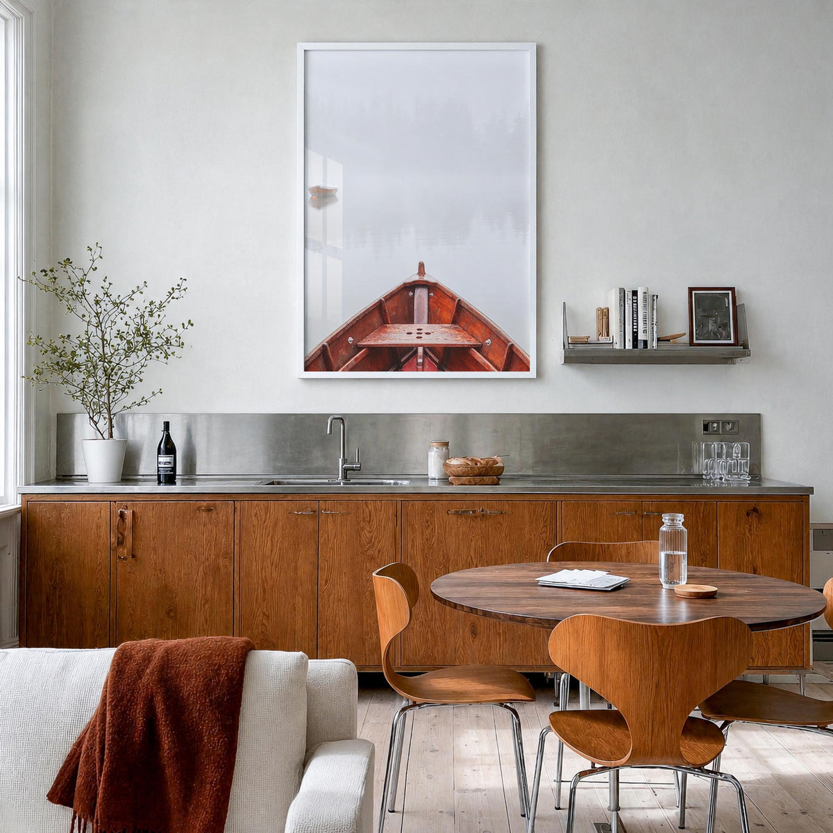 Boats on Foggy Lake colorful photo poster – vertical wall art in white wood frame, hanging on wall