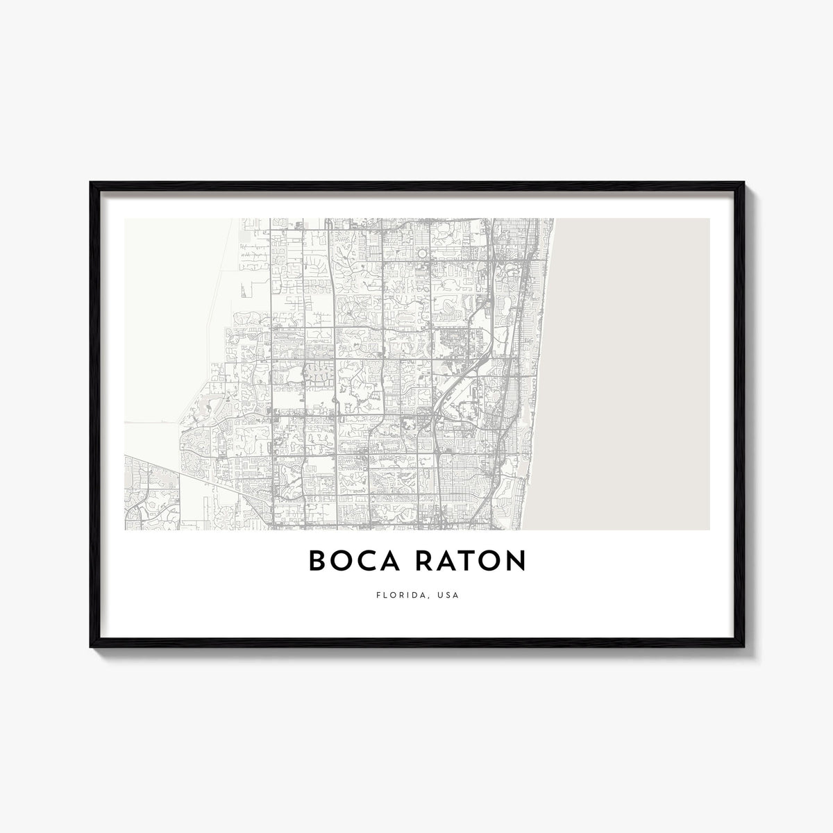 Boca Raton black & white map poster of Florida, USA – horizontal wall art, unframed print shown in interior mockup