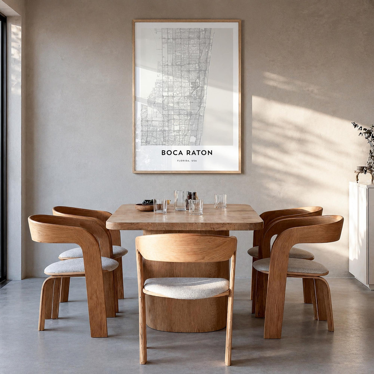 Boca Raton black & white map poster of Florida, USA – vertical wall art in natural wood frame, hanging on wall