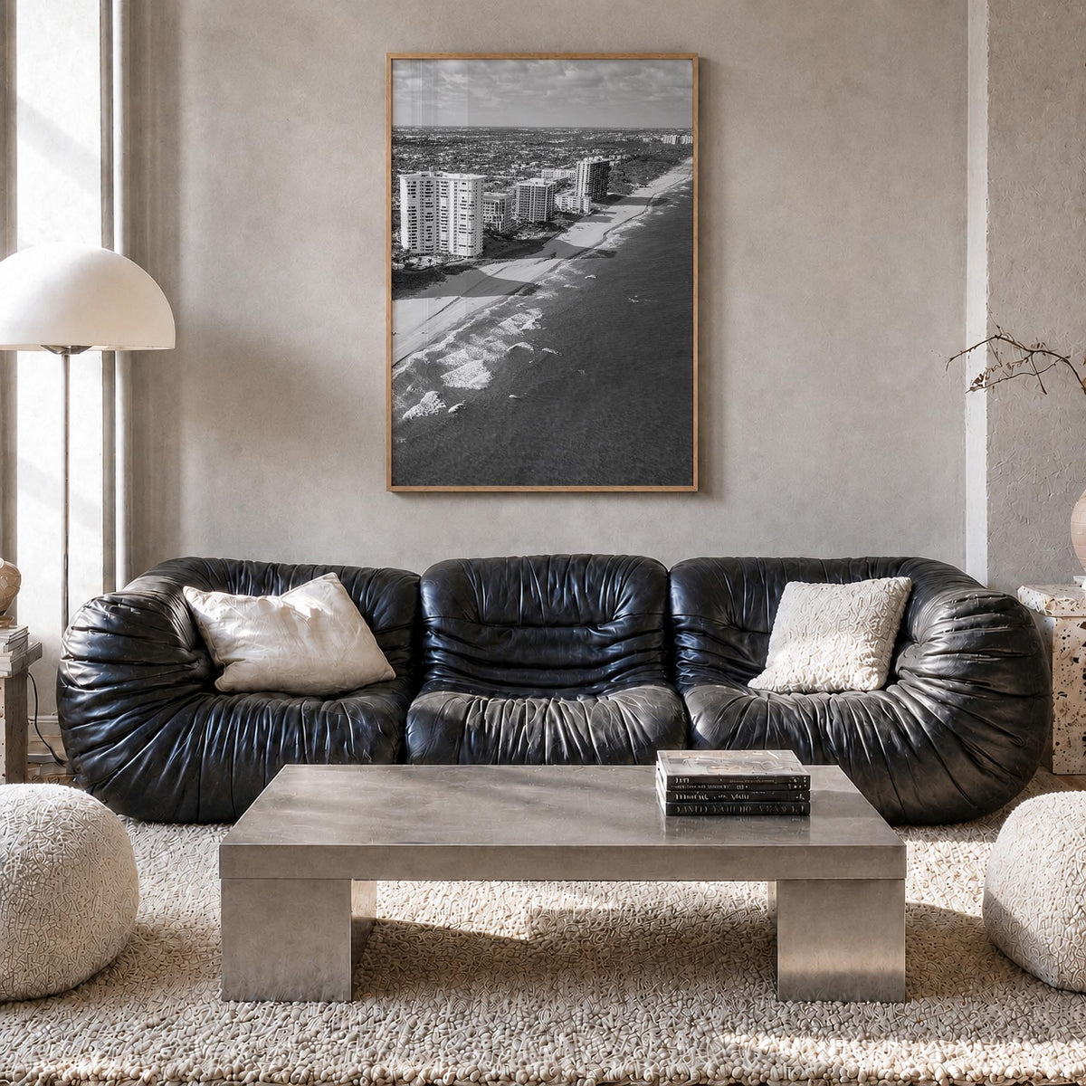 Boca Raton black & white photo poster of Florida, USA – vertical wall art in natural wood frame, hanging on wall