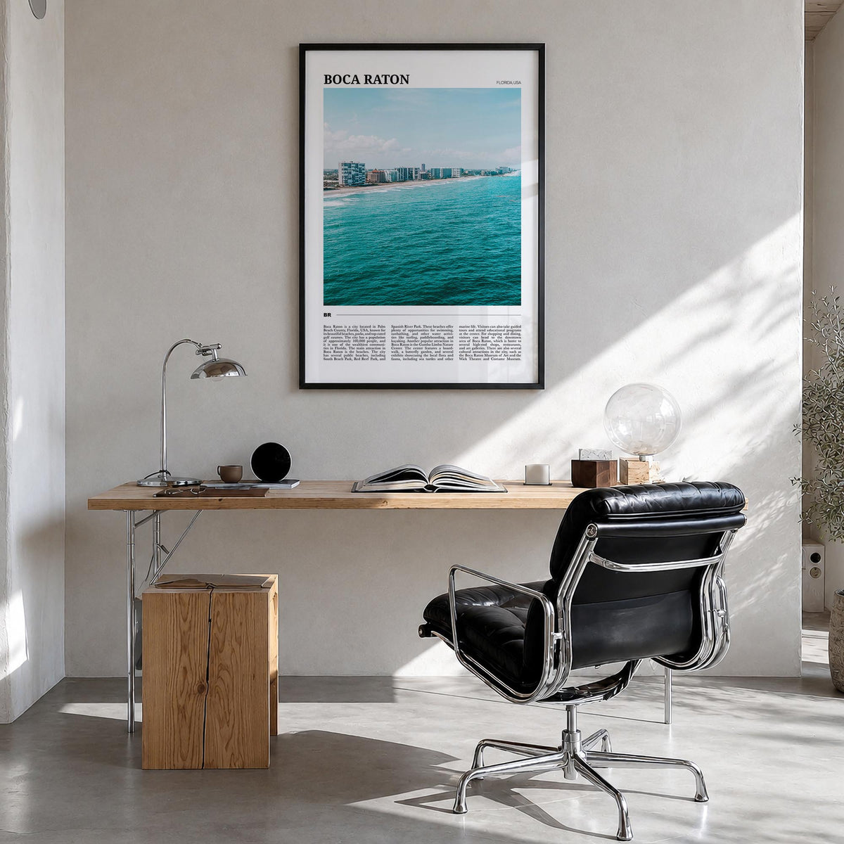 Boca Raton colorful travel poster of Florida, USA – vertical wall art in black wood frame, hanging on wall