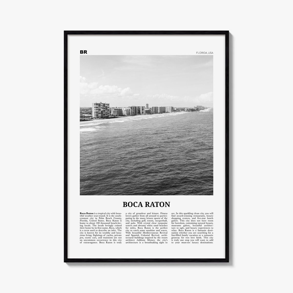 Boca Raton no. 1 black & white newspaper poster of Florida, USA – vertical wall art, unframed print shown in interior mockup