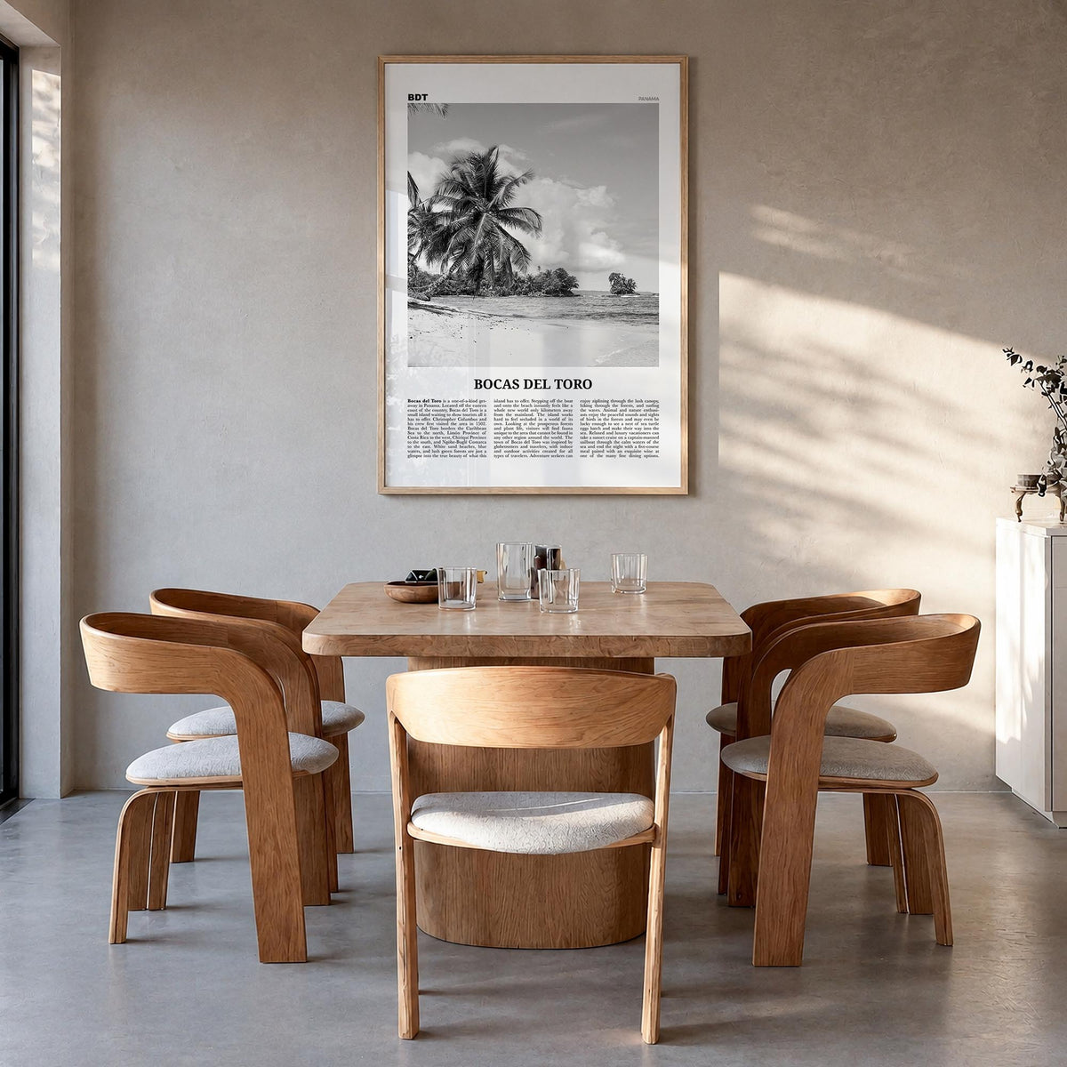 Bocas del Toro black & white newspaper poster of Panama – vertical wall art in natural wood frame, hanging on wall