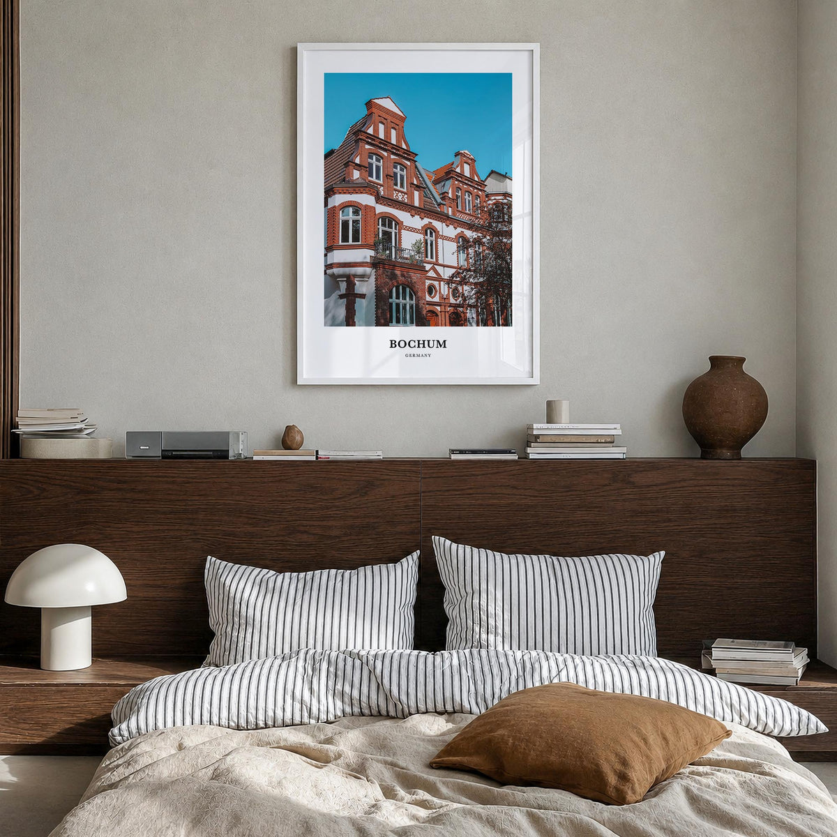 Bochum colorful classic poster of Germany – vertical wall art in white wood frame, hanging on wall