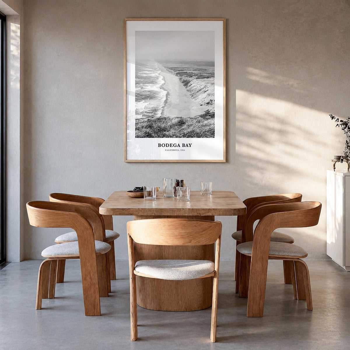Bodega Bay black & white classic poster of California, USA – vertical wall art in natural wood frame, hanging on wall