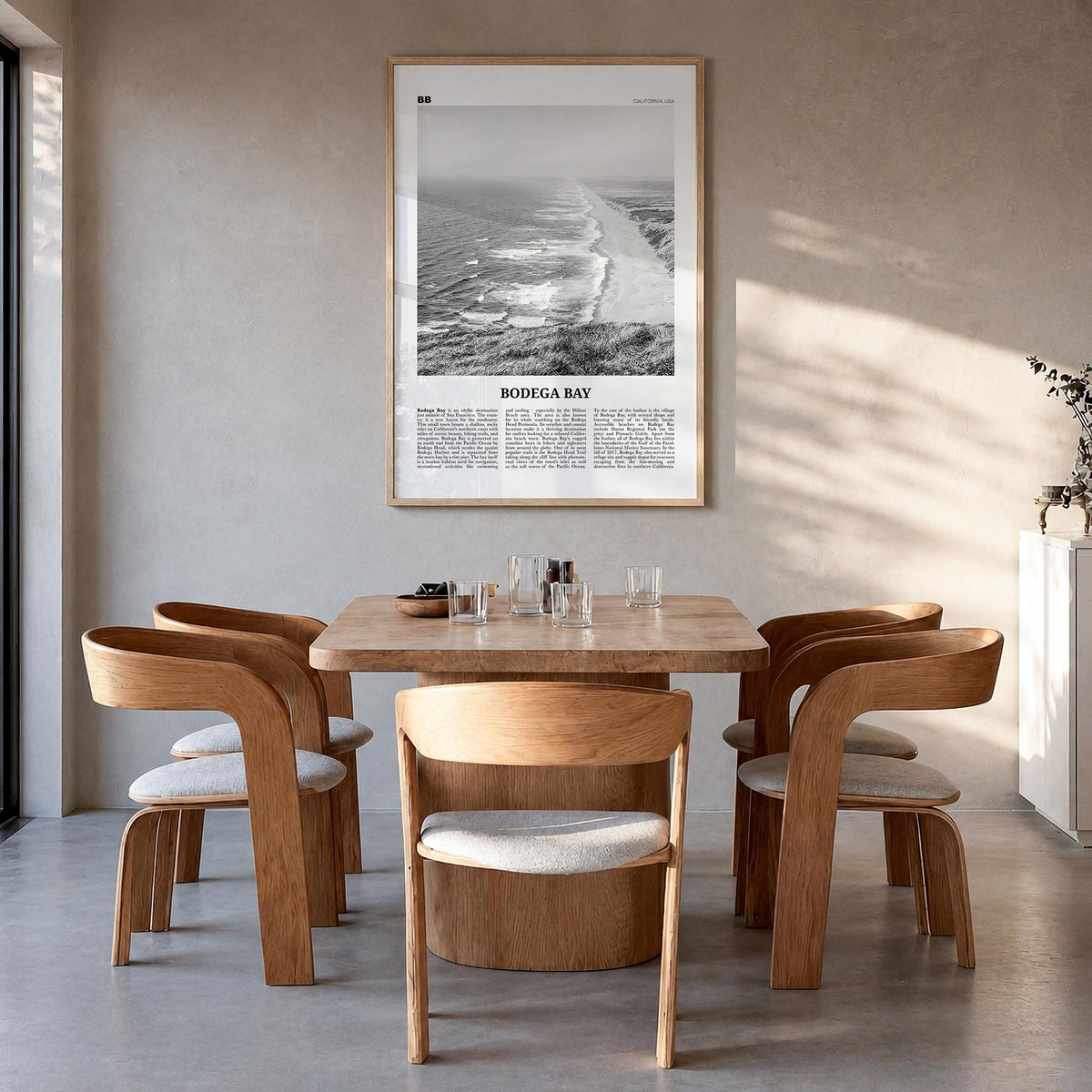 Bodega Bay black & white newspaper poster of California, USA – vertical wall art in natural wood frame, hanging on wall