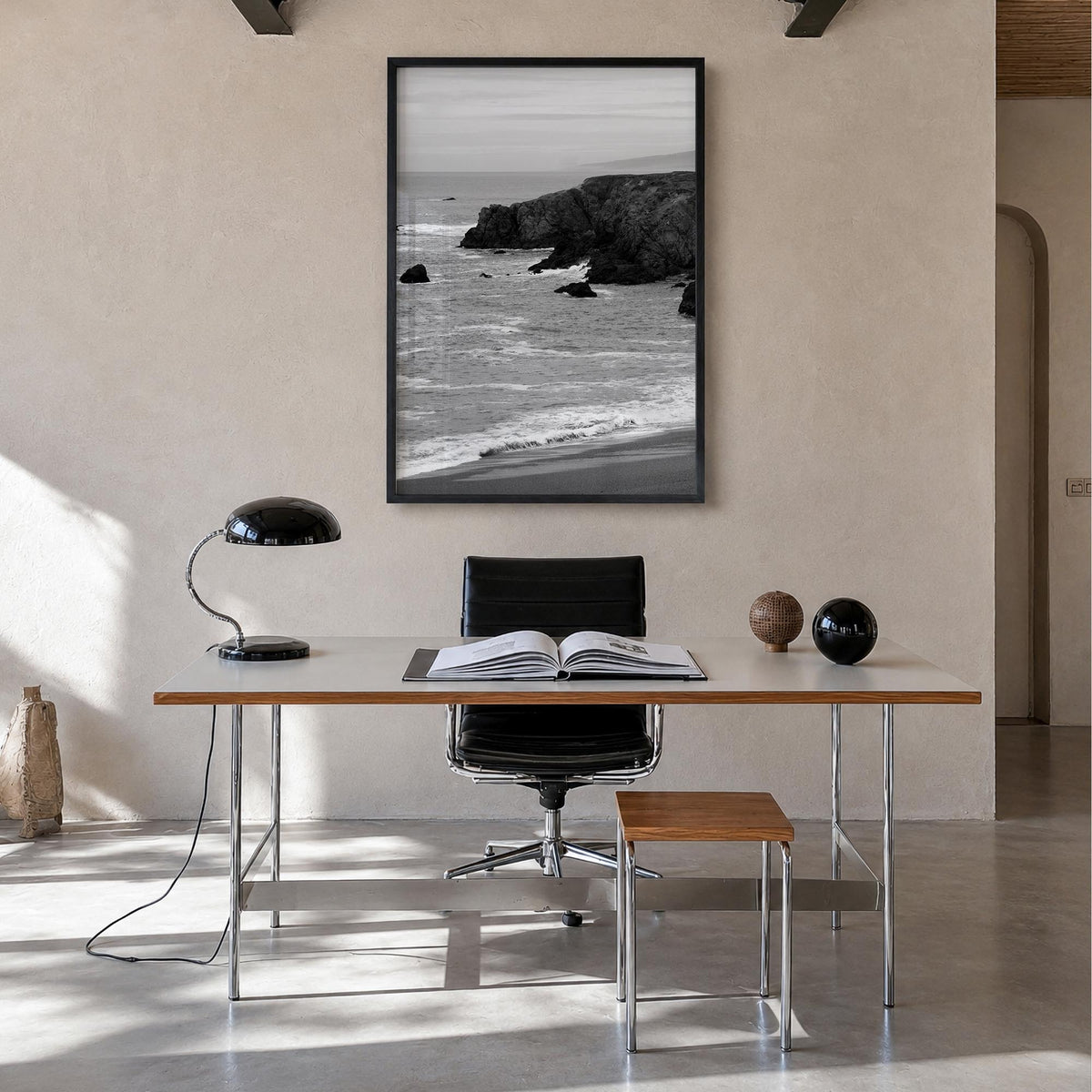 Bodega Bay black & white photo poster of California, USA – vertical wall art in black wood frame, hanging on wall