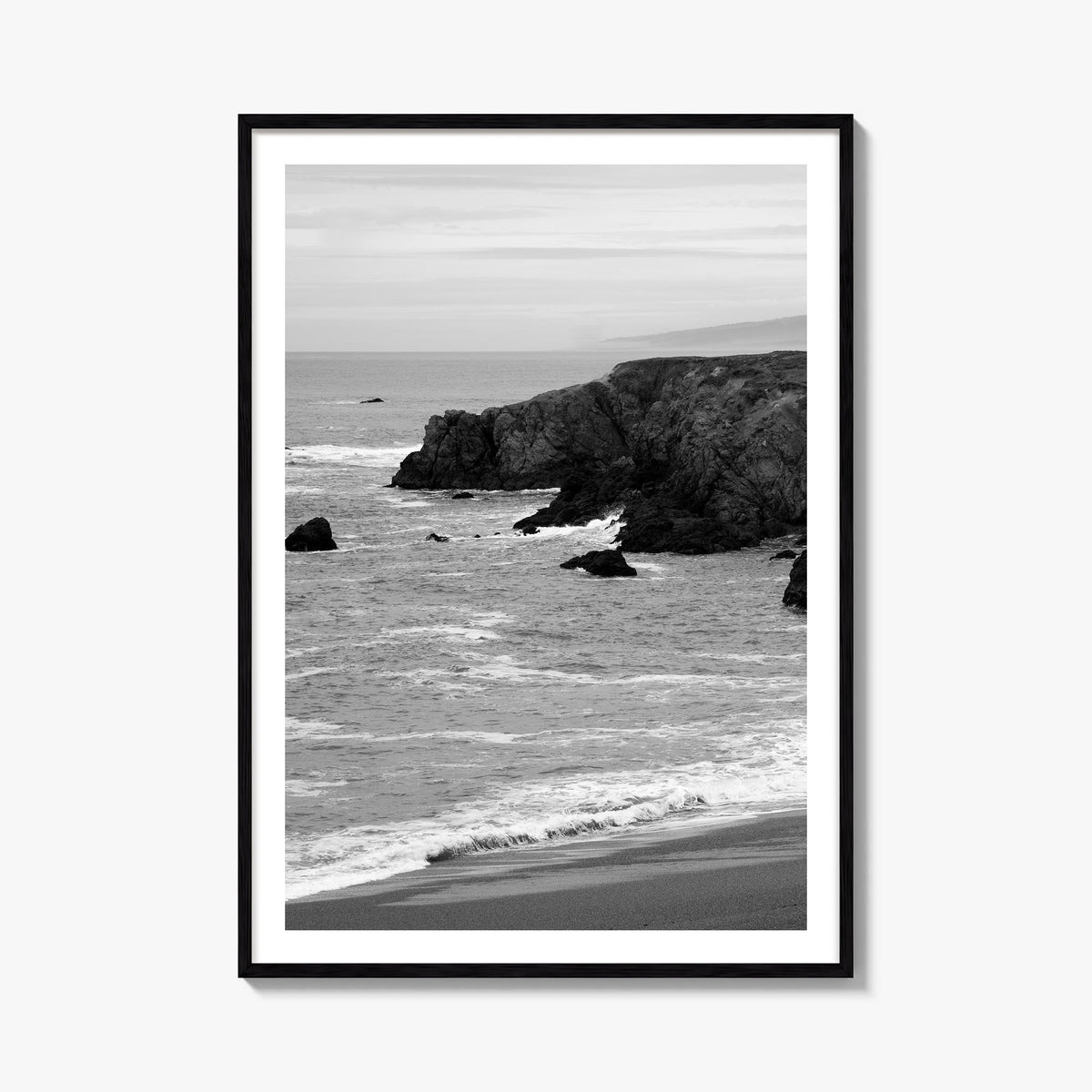Bodega Bay black & white photo poster of California, USA – vertical wall art, unframed print shown in interior mockup