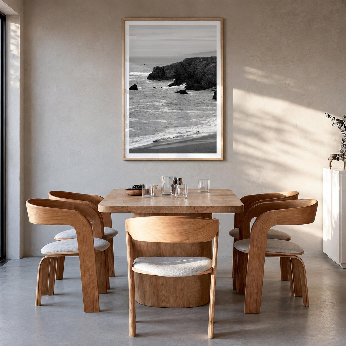 Bodega Bay black & white photo poster of California, USA – vertical wall art in natural wood frame with white border, hanging